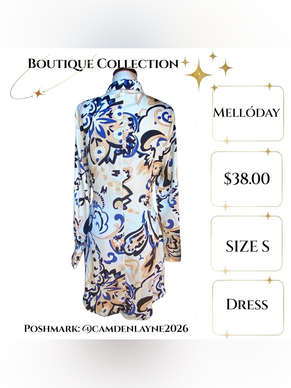 MELLODAY Cream Shirt Dress with Navy and Black Floral Print - Picture 4 of 8